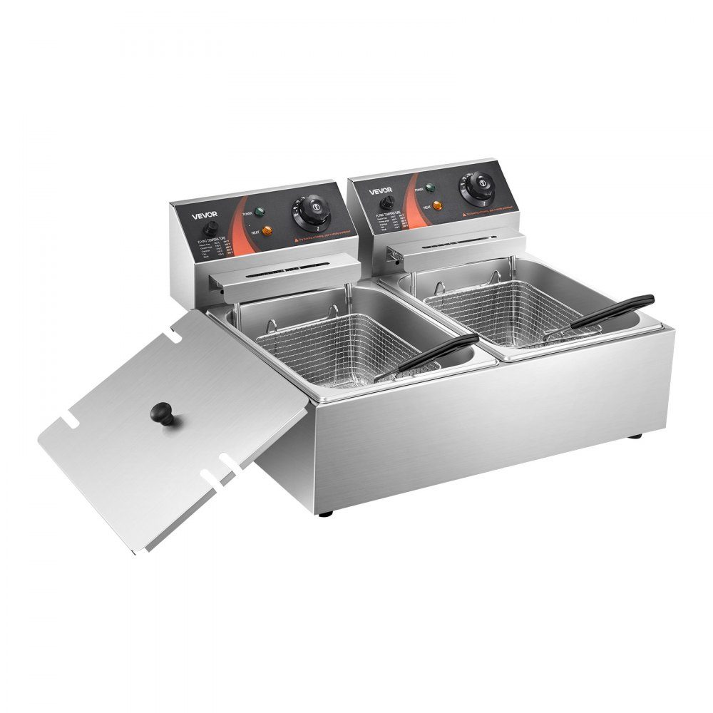 Elektrische Doppelfritteuse Edelstahl 12 L 5000 W, Gewerbefritteuse mit separat steuerbarem Frittierbecken für Restaurants, Cafés, Imbisse