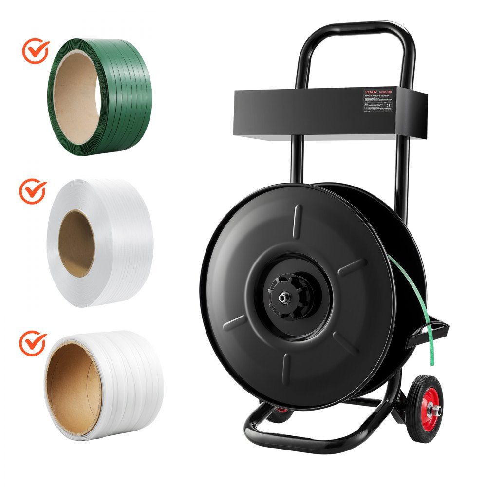 Dispenser, suitable for PET/PP/polyester strapping rolls with 203 mm core size, strapping dispenser with improved braking system, integrated spacious storage space for tools