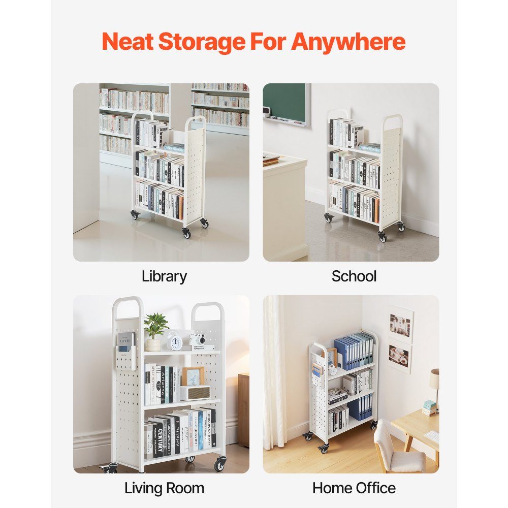 Wózek na książki 150 kg Nośność Wózek biblioteczny 77 x 38 x 122 cm Jednostronny regał w kształcie litery L z podwójnymi kółkami hamulcowymi Wózek na książki do salonu Biuro Szkoła Biały