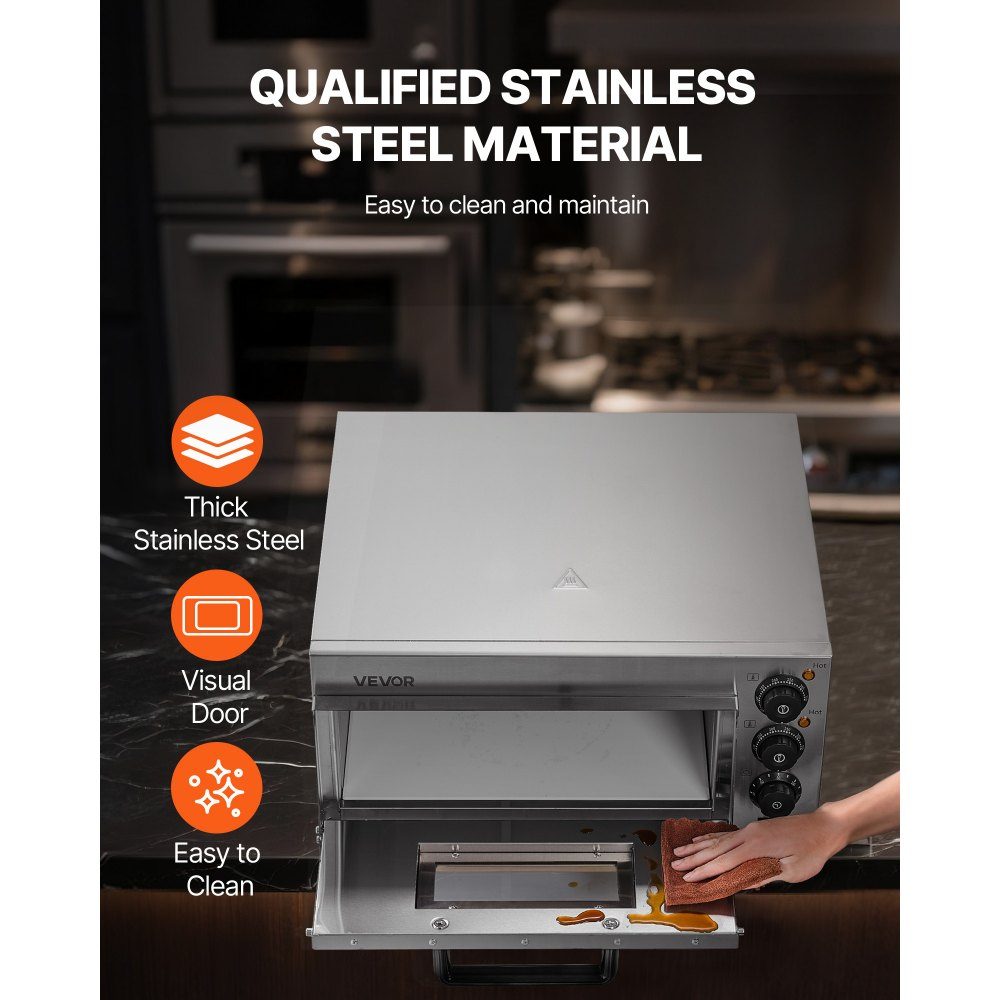Commercial Countertop Pizza Oven, 16 Inch Cover Layer, Stainless Steel Electric Pizza Oven with Stone and Handle, Multipurpose Indoor Pizza Machine for Baking Pretzels in Restaurant at Home