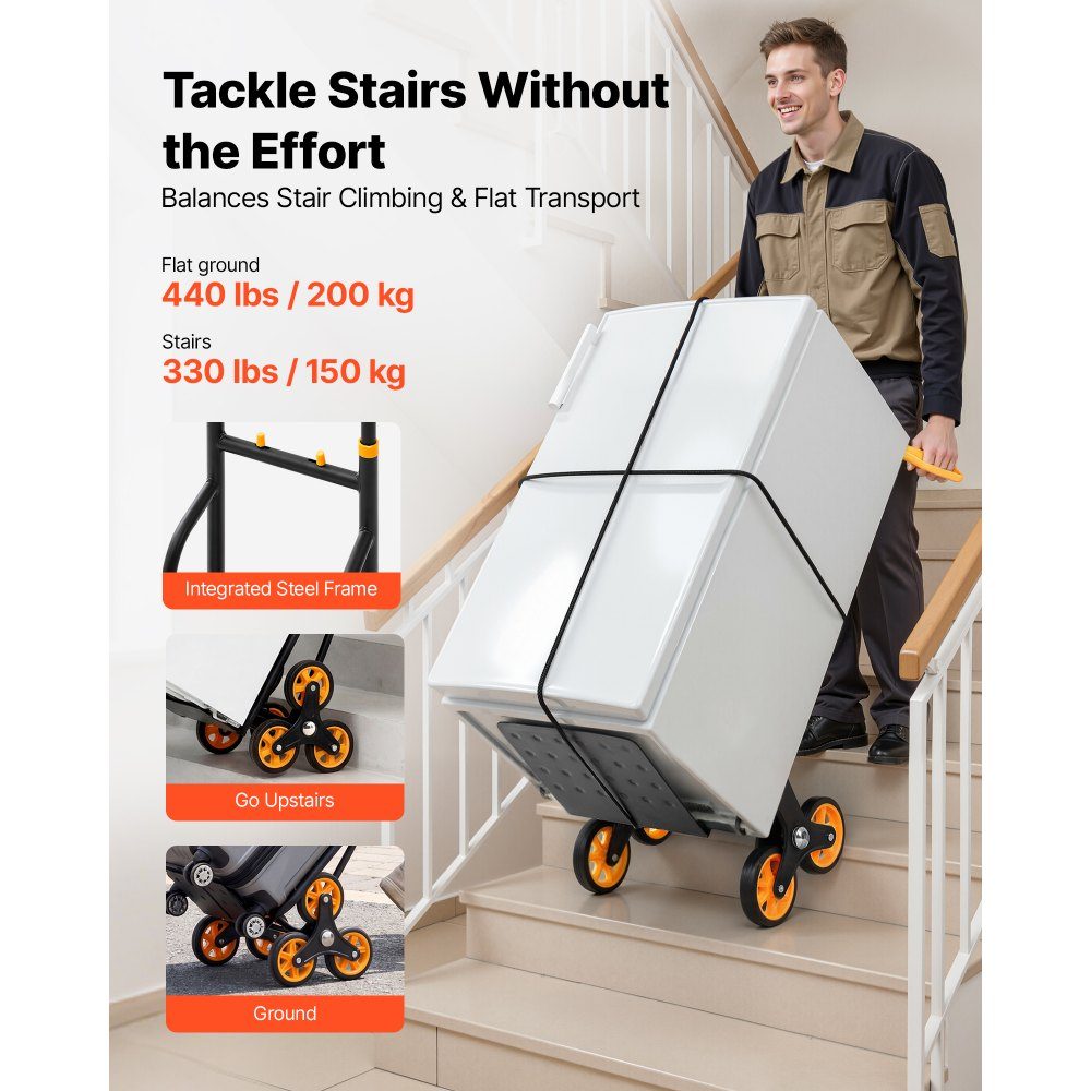Folding stair hand truck, hand truck 150 kg load capacity, stair climber with 6 wheels & 2 tension straps, transport trolley, stair truck, stacking truck, ideal for household, shopping & storage