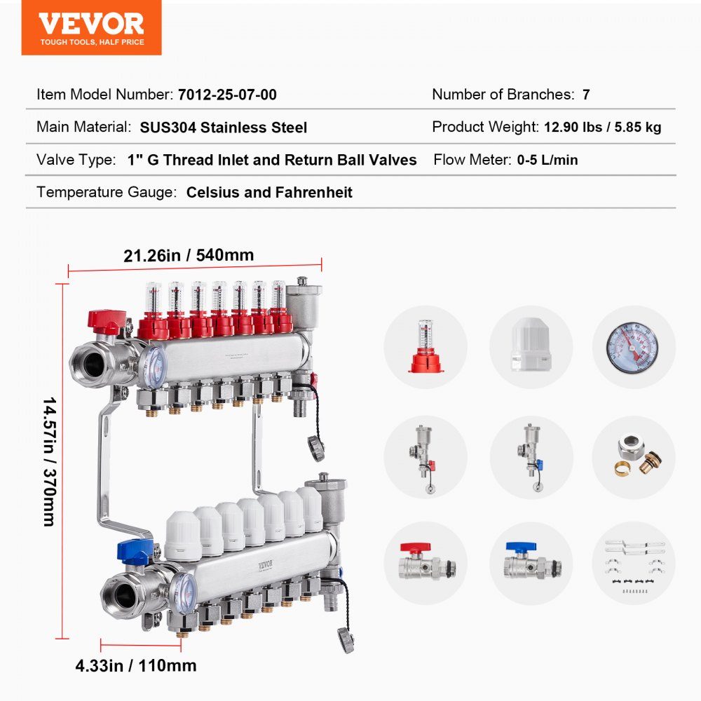 7 Branch Heat Distribution Manifold, 1/2" PEX Pipe Manifold, Stainless Steel PEX Manifold for Hydronic Underfloor Heating, Heat Distribution PEX Manifold Kit with 1/2" Adapters Included
