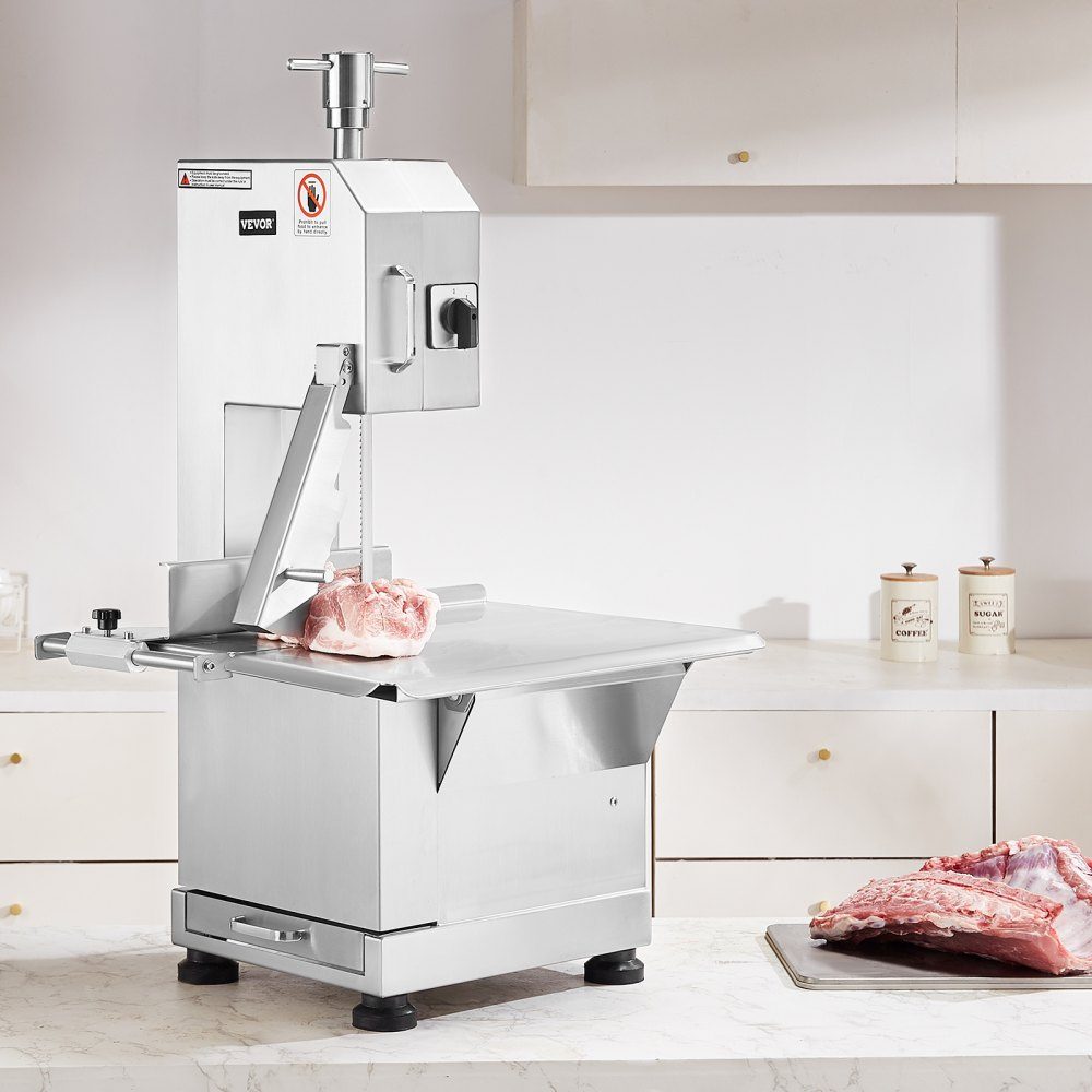 Machine commerciale de sciage d'os de viande 2200 W, machine de découpe d'os de 1000 kg/h, machine de découpe d'os de viande congelée, scie à os d'épaisseur réglable de 0 à 180 mm, table de travail de 470 x 530 mm