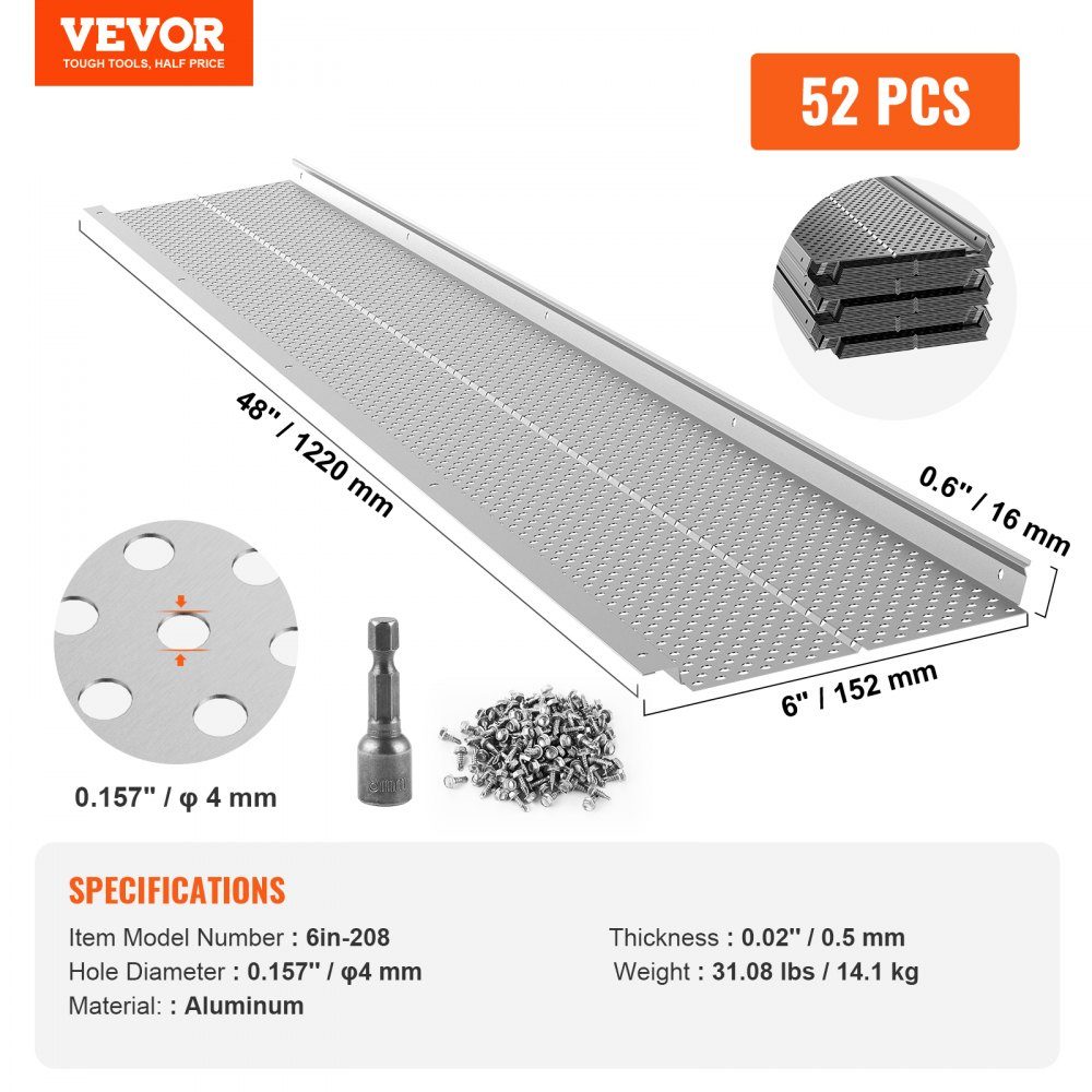 Dachrinnenschutz, 152 mm Breite, Aluminium-Blattfilter, DIY Dachrinnenabdeckung, 52 Stück, 528 cm Gesamtlänge, 4 mm Lochdurchmesser und 0,5 mm Dicke. Raptor Dachrinnenschutz