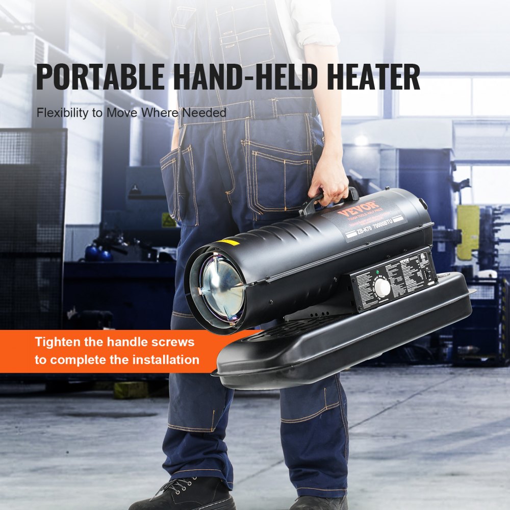 Kerosine/Diesel Heteluchtverwarmer, 70000 BTU Torpedo Ruimteverwarmer, Draagbaar met Thermostaatregeling, 19L Tank, Efficiënte Binnen Buiten Kerosine Verwarming voor Thuis, Bouwplaats, Industrieel, Werkplaatsen, Zwart