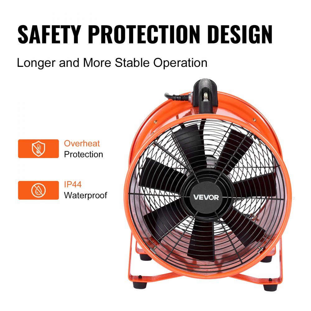 Bauventilator, 300 W Wechselstrommotor, Bauventilator, 2810 U/min, Bauventilator, Gebläse 1214 l/s (2574 CFM), Axialventilator, 10 m Schlauch, Axialventilator, 79 dB Geräuschpegel, Industrieventilator IP44