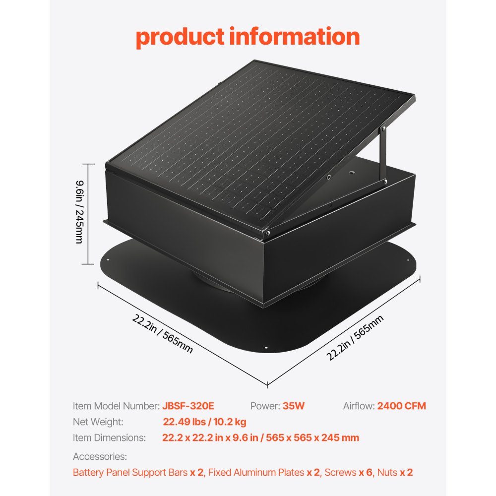 Ventilateur à énergie solaire, ventilateur de toit solaire intelligent 35 W avec thermostat, débit d'air 67960L/min, moteur CC sans balais intégré pour le refroidissement et la déshumidification – Réf. HT-23040