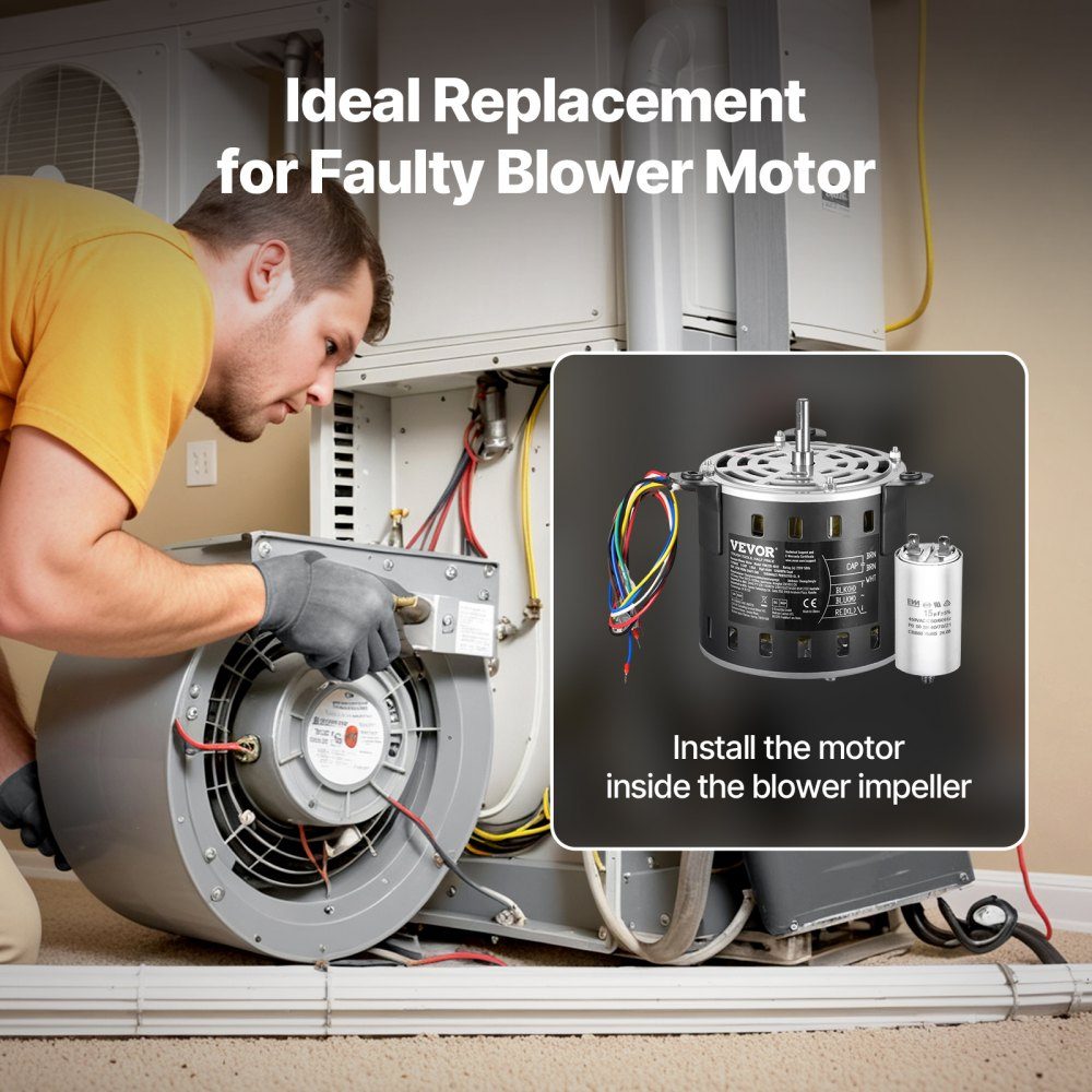 1/3 HP blower motor, 220V, 1.95A, 1250RPM, 3 speeds (750/950-1250RPM), 10mm shaft diameter, 20mm shaft RED clockwise from shaft end, including CBB60 15μF/450V capacitor