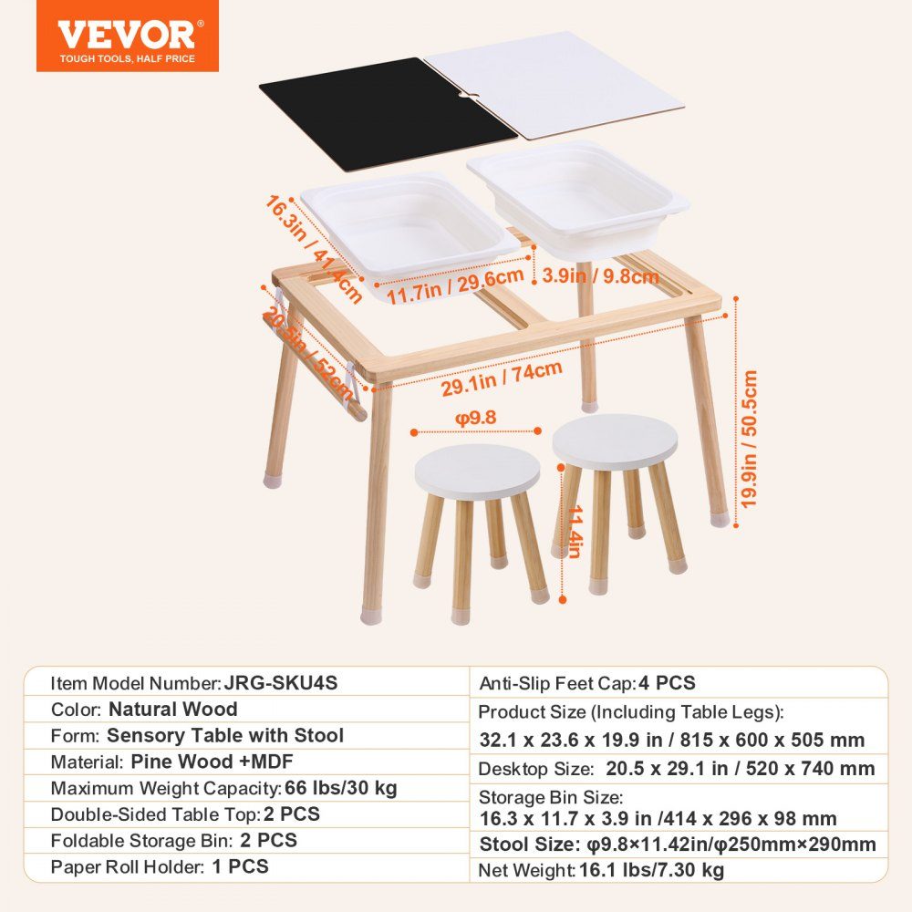 Sensorische placemat, activiteitentafel, kinderzitset en zand- en waterspeeltafel met 2 krukken en 2 opbergbakken en papierrolhouder, houten kindertafel - cadeau voor kinderen