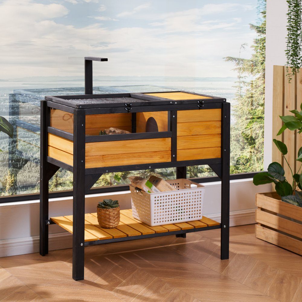 Turtle Habitat, Indoor Outdoor Wooden Turtle House, Turtle Enclosure with Light Stand, Reptile Enclosure, Small Animal Cage with Legs for Gecko, Lizard, Snake