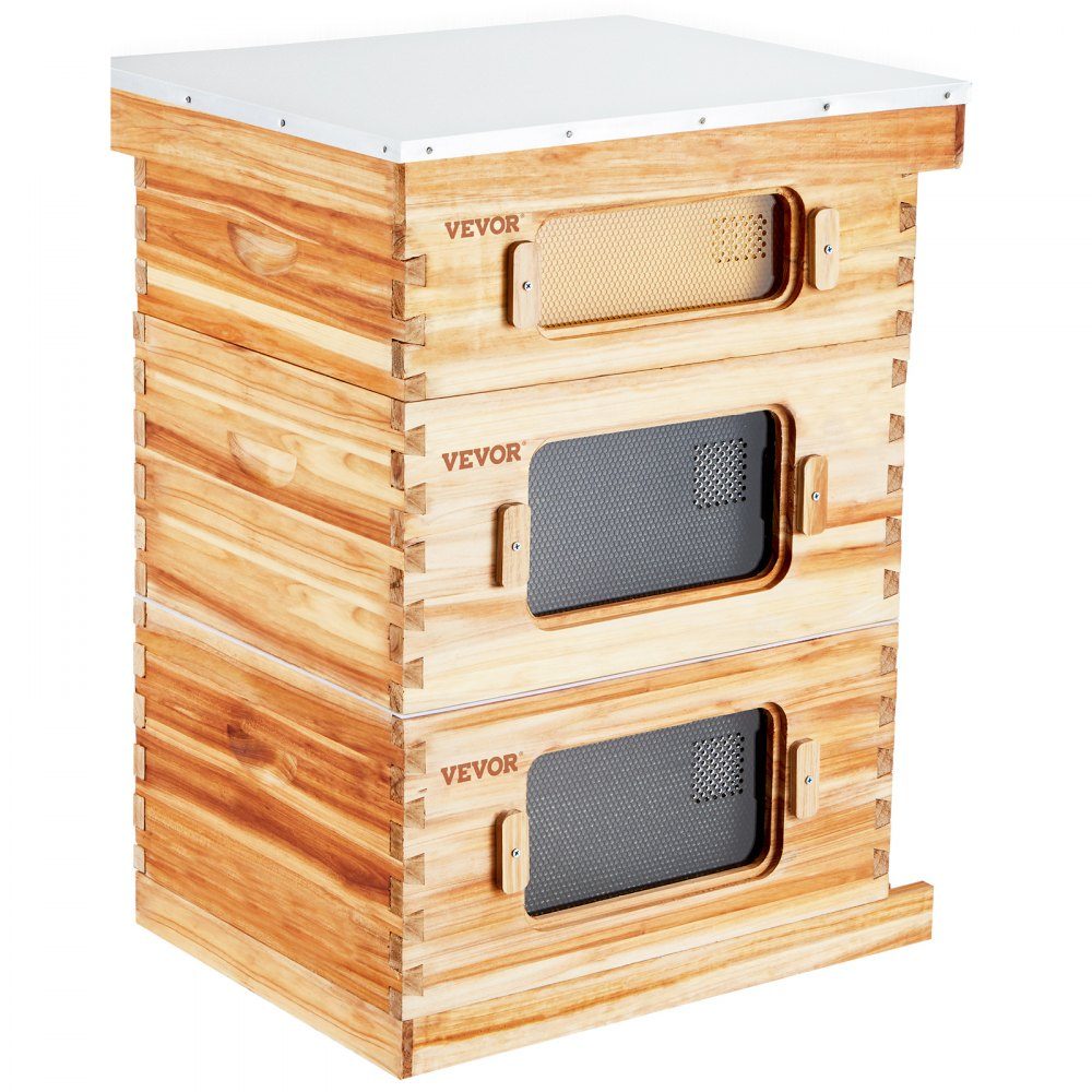 Beehive, Zander Beehive for 30 Frames, Beeswax Coated Wood, 2 Deep + 1 Medium Bee Box, Langstroth Beehive Set, Clear Acrylic Windows with Foundations