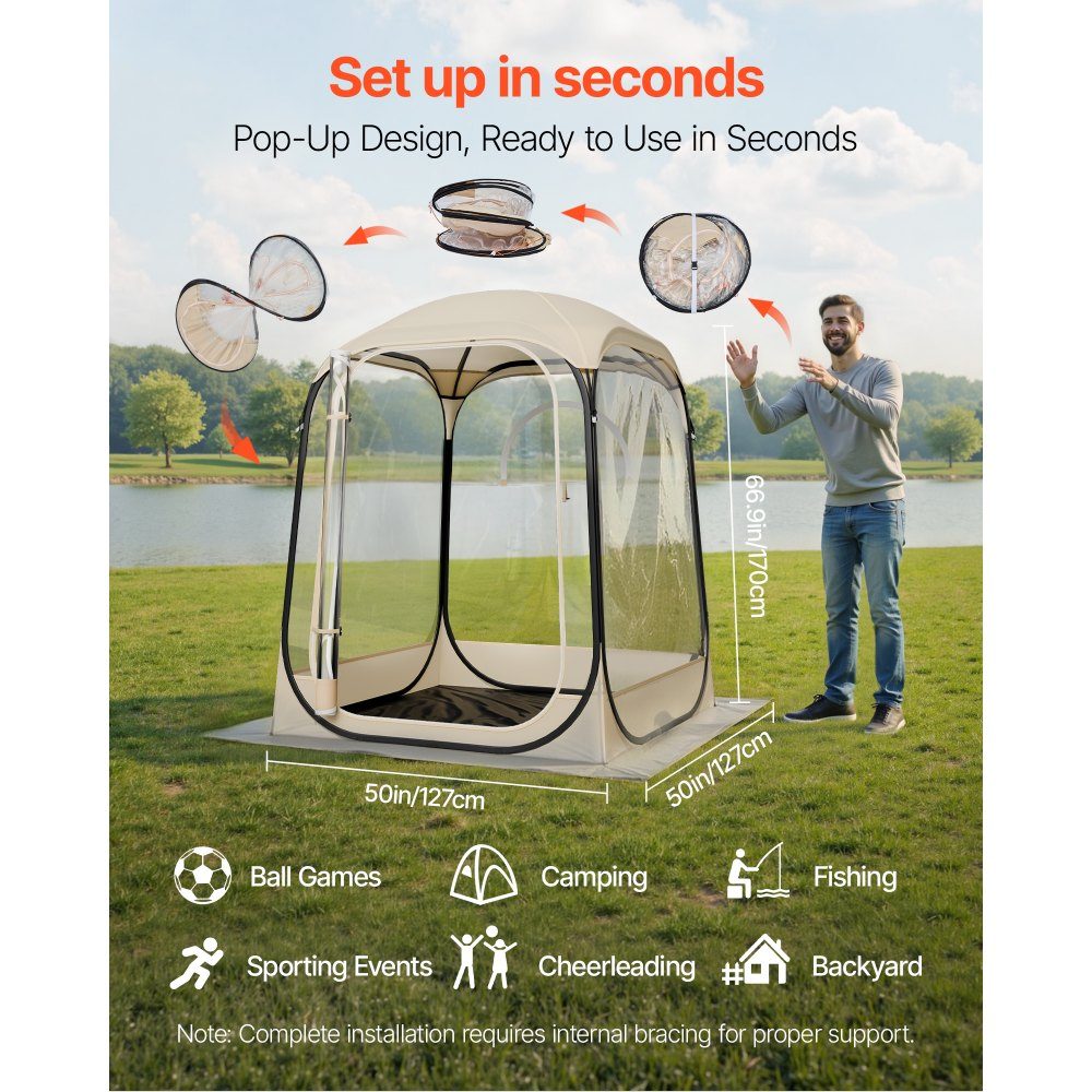 Tente transparente 127 x 127 x 170 cm Tente pop-up pour 1 à 2 personnes Tente de sport avec tapis de sol et couverture supérieure Tente à bulles extérieure Abri de camping pour événements Pêche Acclamations