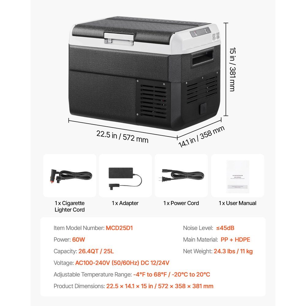 Compressor Cooler Box 25L Portable Car Fridge with Adjustable Temperature & App Control Refrigerator 12/24V DC and 100-240V AC for Outdoor Camping Trips and RVs
