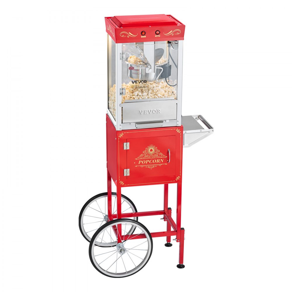 Popcornmachine Popcornmachine met waterkoker en kar, 800 W commerciële popcornmaker, 48 kopjes per lading, met 2-knopsbediening, glazen wand, pc-deur, 1 schep, 3 lepels, rood Popcornmachine Popcornmachine met waterkoker en kar, 800 W commerciële popcornmaker, 48 kopjes per lading, met 2-knopsbediening, glazen wand, pc-deur, 1 schep, 3 lepels, rood