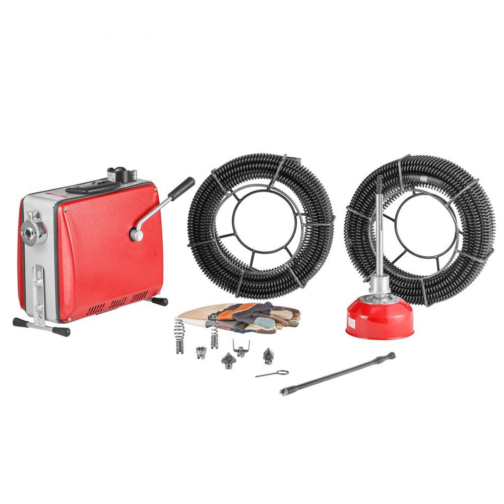 Electric Pipe Cleaning Machine 500W 1400RPM Pipe Cleaner 2pcs 20m x 16mm & 5m x 9.5mm Spring Cable 0.4m x 12mm Flexible Spring & 6 Cutters for 50-110mm Diameter Pipes