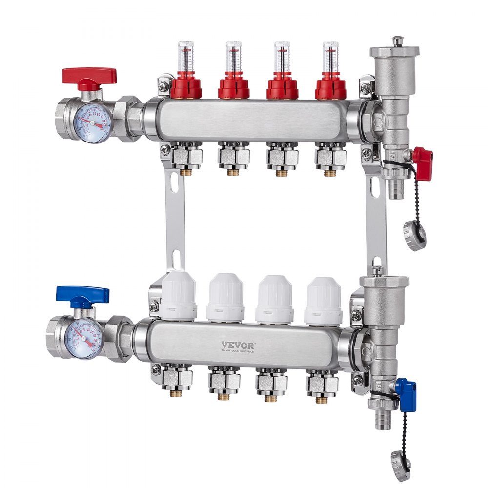 4 Branch Heat Spreader, 1/2" PEX Pipe Manifold, Stainless Steel PEX Manifold for Hydronic Underfloor Heating, Heat Distribution PEX Manifold Kit with 1/2" Adapters Included