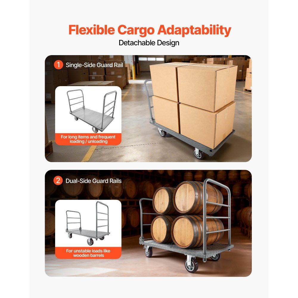 Klappbarer Plattformwagen 1202 kg, Schwerlast-Transportwagen mit abnehmbarem Geländer und Schwenkrädern, Industriewagen, für Supermärkte, Garagen und Lager, 1220x610x920 mm Wagen