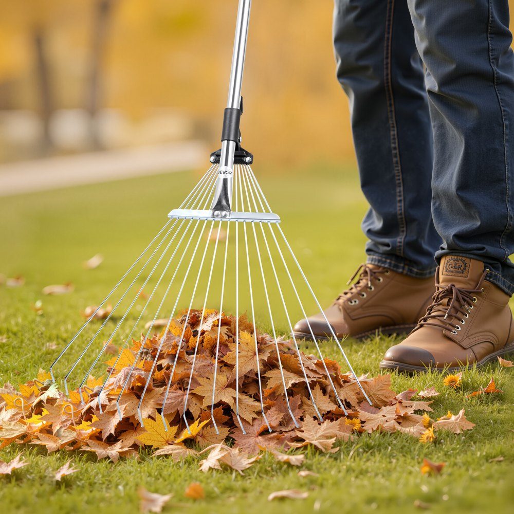 Laubharke, 15 Zinken, Gartenrechen für Rasen mit 570 mm breitem Kopf und 81–160 cm verstellbarer Stange, Fächerbesen zum Entfernen kleiner Blätter für Gartenarbeit, Camping, Hof, Gras