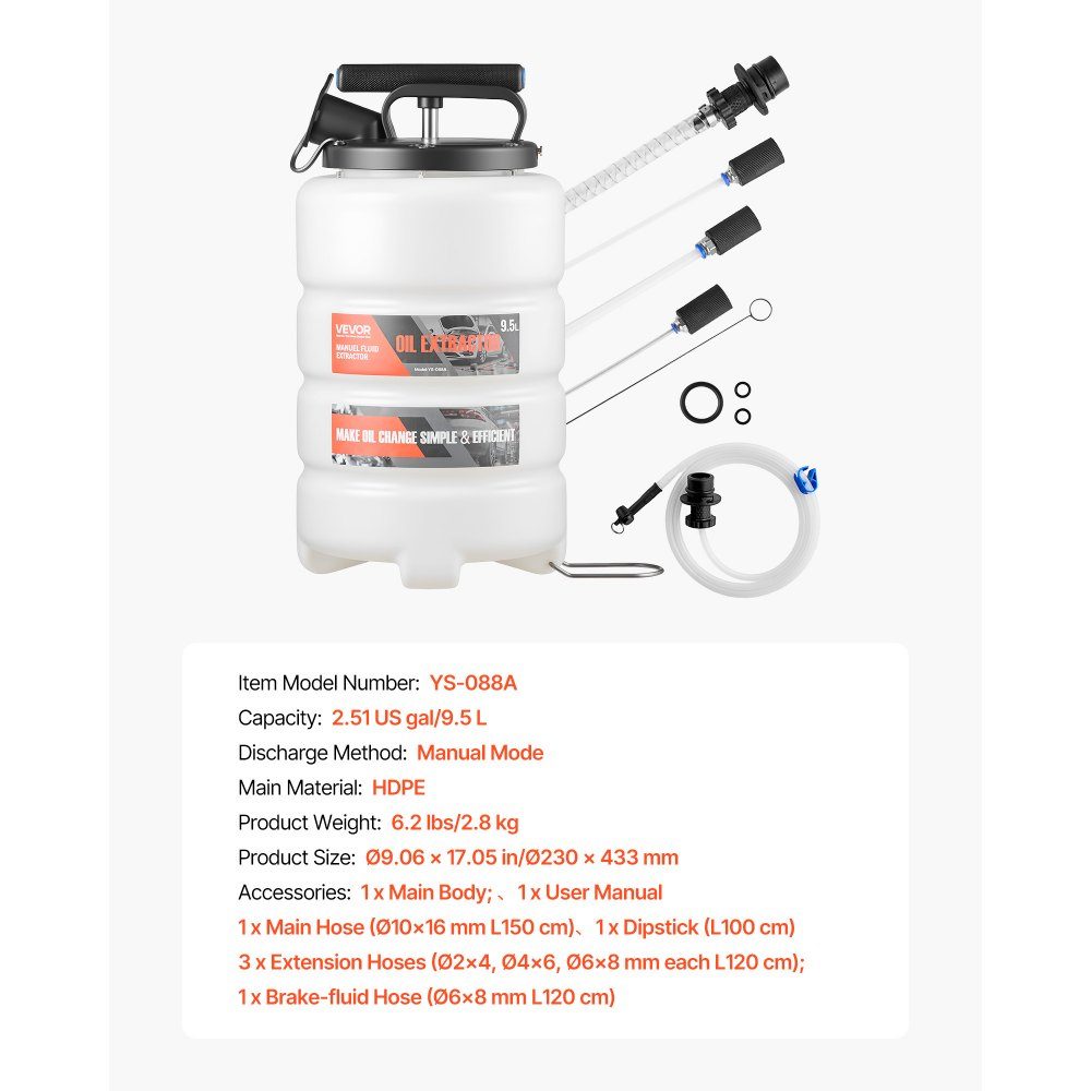 Flüssigkeitsabsauger, 9,5 l Fassungsvermögen, manuelle Ölsaugpumpe mit Schlauch und Verlängerungsschläuchen, Öltransfersystem mit HDPE-Tank, Pumpenwerkzeug für Autos, Rasenmäher, Boote