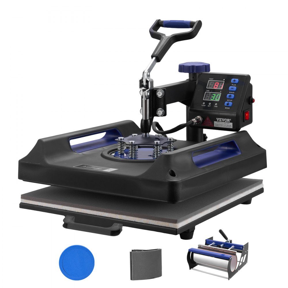 Warmtepers 15" x 15" 5 in 1 warmteoverdrachtmachine met 30-Unzen-Trommelpresse 360° wegzwenkbaar digitaal T-shirt met tefloncoating voor T-shirts/mokken/hoeden/borden zwart + blauw