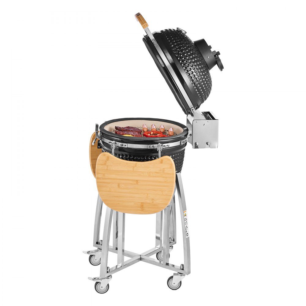 Kamado-Grill, Keramikgrill, Smoker Ø 450 mm, mit Holzgriffen, Seitenablagen, Metallständer mit Rädern & Thermometer bis 400°C, oberer & unterer Luftstrom, zum BBQ, Grillen, Kochen & Backen im Freien