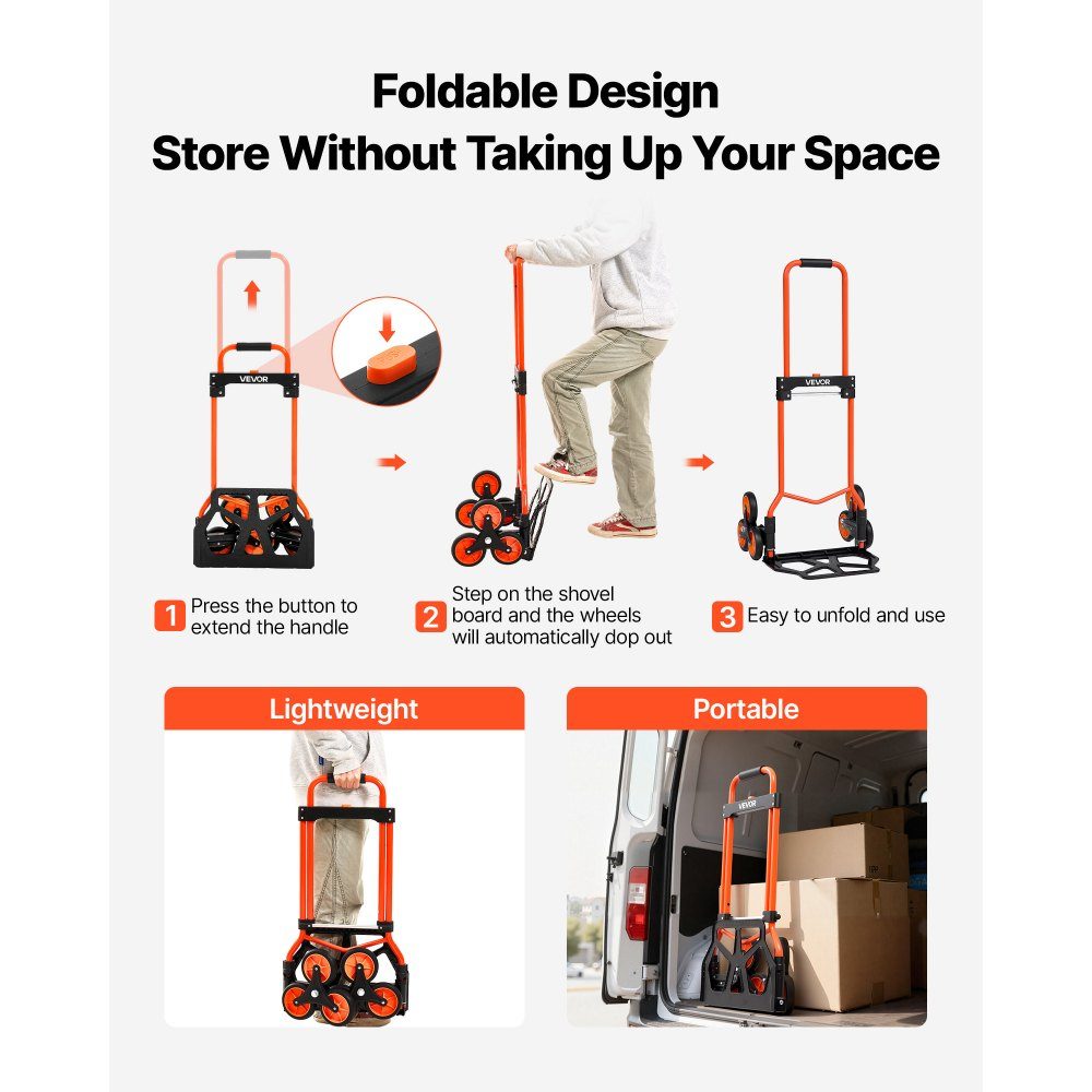 Folding stair hand truck, hand truck 54 kg load capacity, stair climber with telescopic handle, 6 wheels & 2 tension straps, transport trolley, stair trolley, ideal for household, shopping & storage