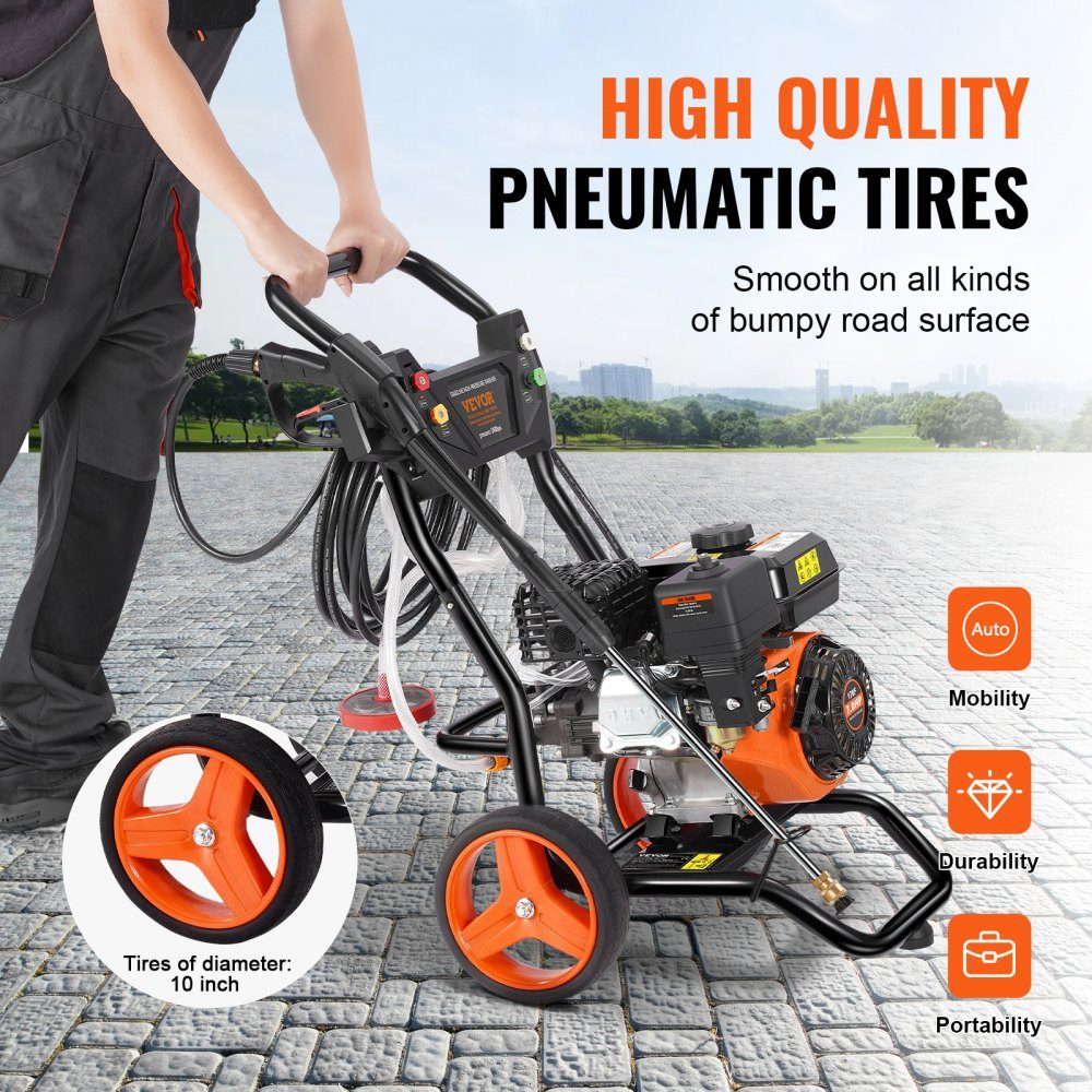 Benzin-Hochdruckreiniger 3400 PSI 2,6 GPM Terrassenreiniger 10 l/min mit Aluminiumpumpe, Druckpistole und Verlängerungsstab, 5-Düsen-Set, für Autos, Zäune, Häuser, Terrassen, vertikal