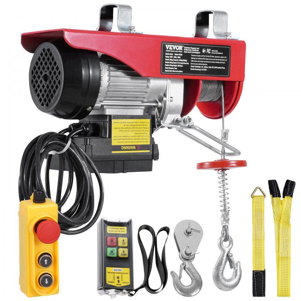 Elektrische lier, motorlier van 200 kg met 100 m draadloze en 4,2 m bedrade afstandsbediening, 12 m hefhoogte met enkele kabel, enkele/dubbele stroppen, takel voor garage, magazijn, fabriek