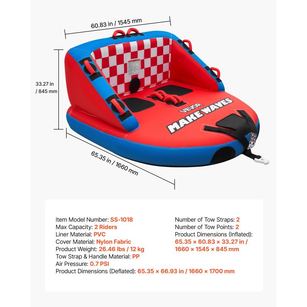 Schleppschlauch für Boote, Wassersport-Schleppreifen für 2 Personen, bis 154 kg Tragkraft, mit 2 Schlepppunkten, Nylonhülle, gepolsterten Griffen und Sicherheitsventil, für Seen, Flüsse, Rot