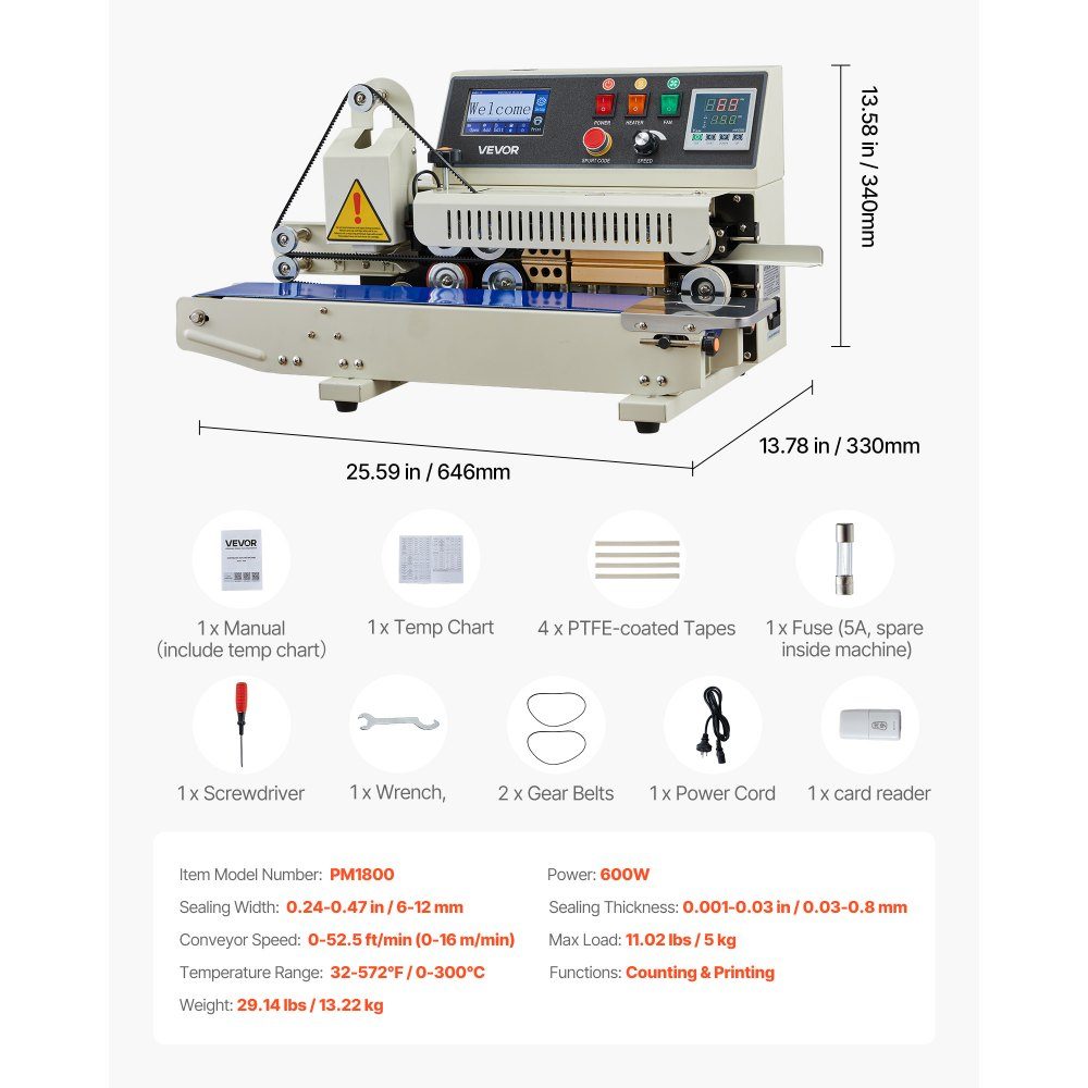 Continuous sealing machine, 6-12mm sealing width, horizontal, with ink printing, sealing machine, temperature and speed adjustable, for 0.03-0.8mm plastic bags