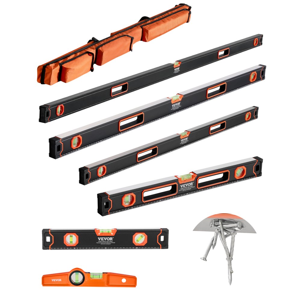 Waterpasset, 6 stuks 200/120/80/60/40/25cm meetinstrument met waterpassen voor 45/90/180 graden, magnetische doos waterpasgereedschap aluminiumlegering schokbestendig SAE en metrische schaal