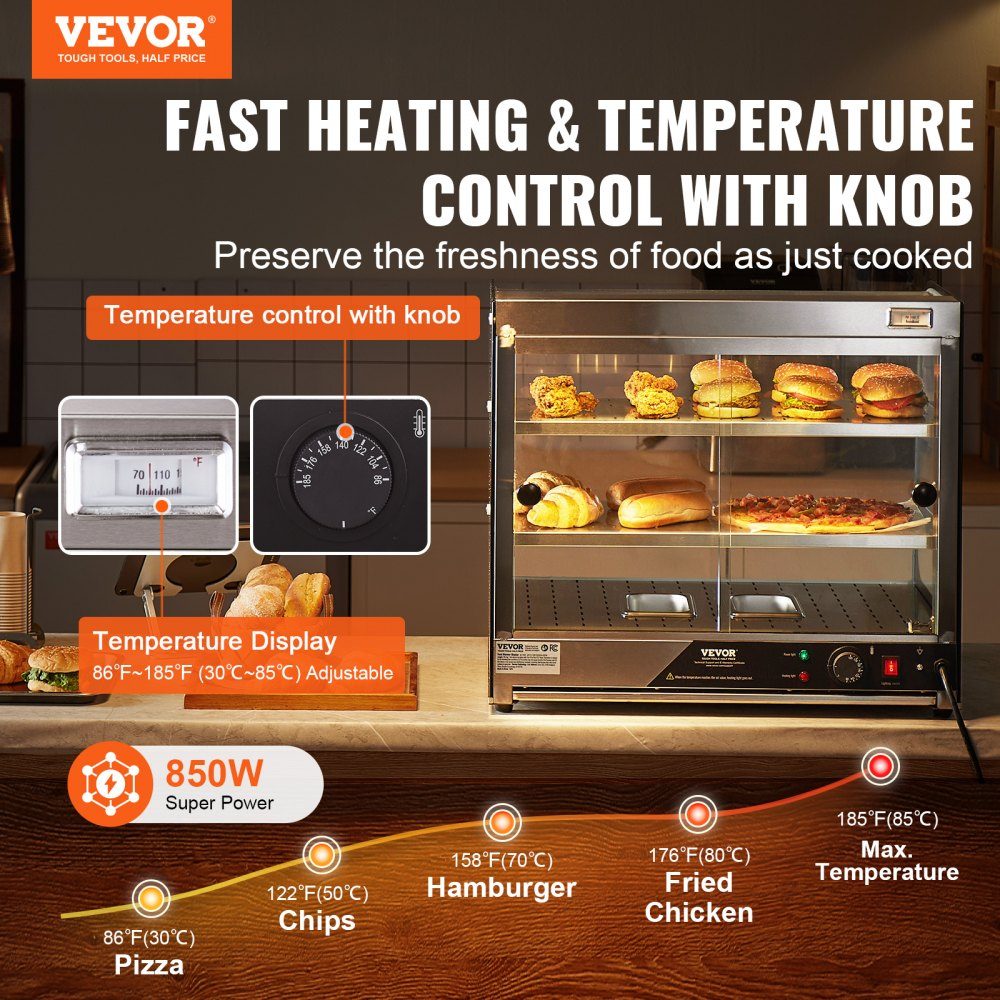 2 Stage Commercial Food Warmer, 850W Food Warmer with Tempered Glass and Steam Heater, Temperature Control from 30°C to 85°C, 111L Large Capacity for Hamburger, Pizza, Bread, Chicken