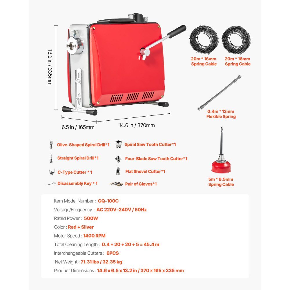 Electric Pipe Cleaning Machine 500W 1400RPM Pipe Cleaner 2pcs 20m x 16mm & 5m x 9.5mm Spring Cable 0.4m x 12mm Flexible Spring & 6 Cutters for 50-110mm Diameter Pipes