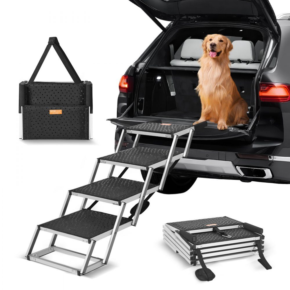 Escalier pour chien pour voiture, large escalier de voiture pour chien à 4 marches, rampe de voiture pliable pour chien avec surface antidérapante, escalier portable en aluminium léger pour voiture, SUV et camion, supporte jusqu'à 68 kg