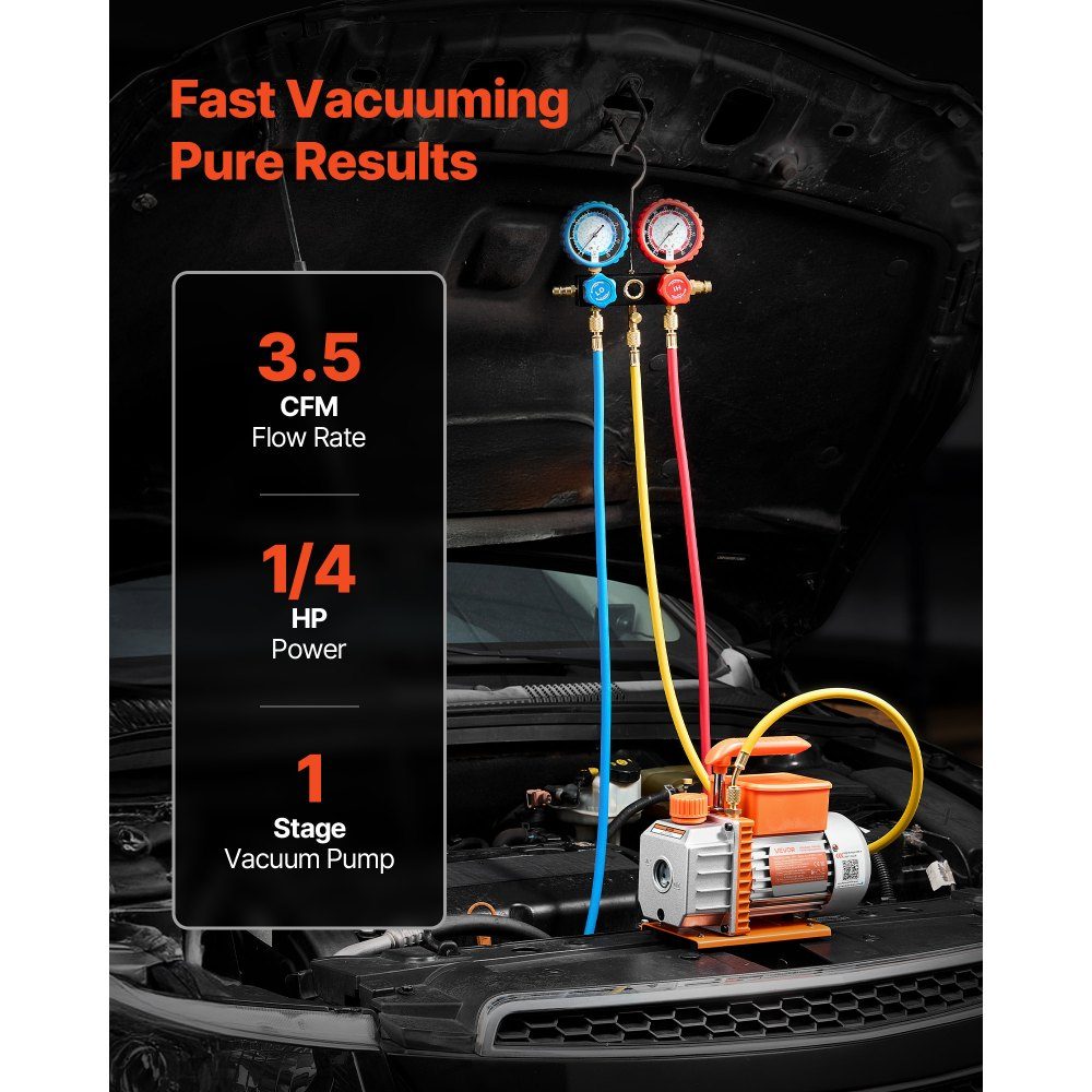 Vacuum Pump with Gauge 3.5CFM 99L/min 180W 1 Stage Rotary Vane Vacuum Pump Vacuum Pump Kit for R134a, R22, R410a, R1234YF and R32 with Carry Bag for Car Air Conditioner