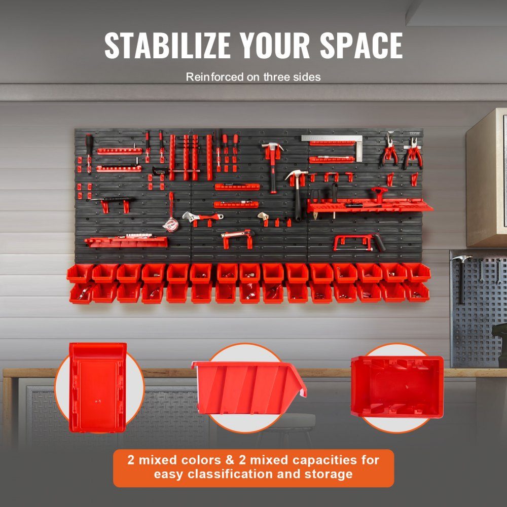 Stacking Boxes, 30 Container Pieces Shelf Organizer for Garage, Plastic Shop Tool with Wall Panels/Tool Holders/Hooks, for Nuts, Bolts, Screws, Nails, Beads, Buttons, Black/Red