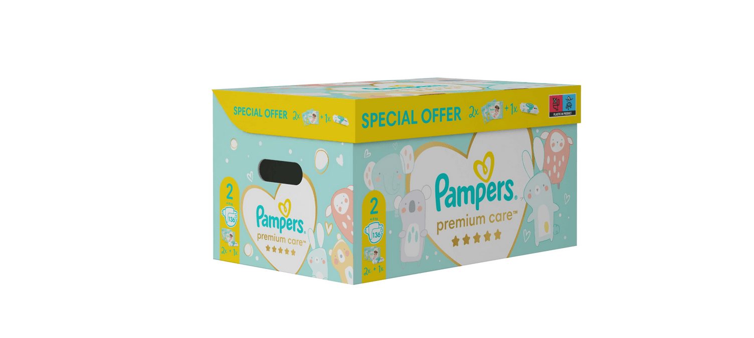Pampers Premium Care 2 Maxi 4-8 kg 136 pieluszek + chusteczki nawilżane