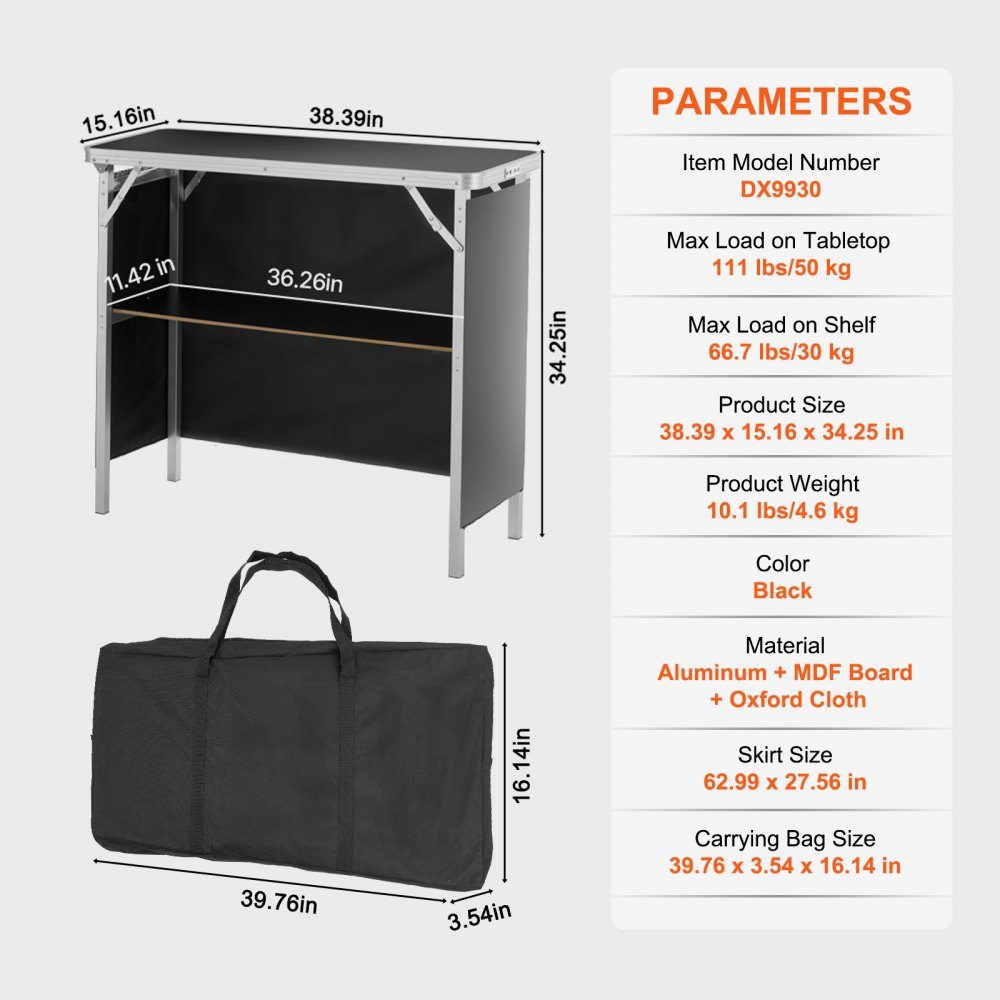 Comptoir d'exposition portable, comptoir d'exposition, 97,5 × 38,5 × 87 cm, stand d'exposition, support de comptoir d'exposition, table de bar de promotion pliable, comptoir de promotion, réception avec compartiment de rangement, sac de transport, noir