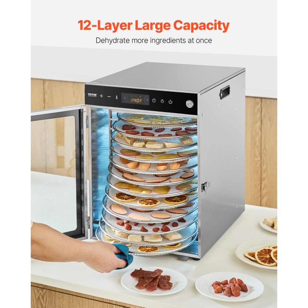 Dehydrator Dehydrator 12 roestvrijstalen kommen, 800 W elektrische voedseldroger met instelbare temperatuur, vriesdroger voor gedroogd vlees, vlees, fruit, groenten, kruiden, hondensnoepjes