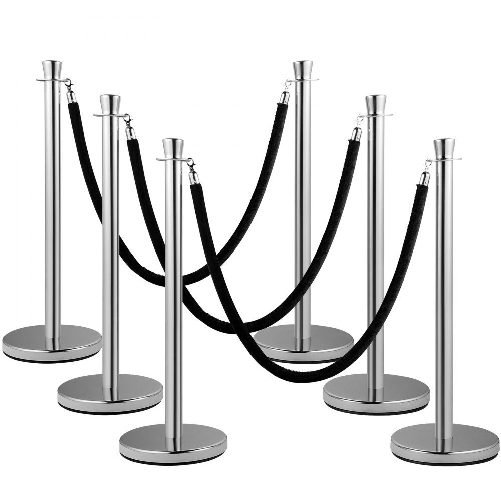 2 piece crowd control stake set with 1.5m black velvet rope, silver crowd control barrier with sturdy concrete and metal base - easy to assemble
