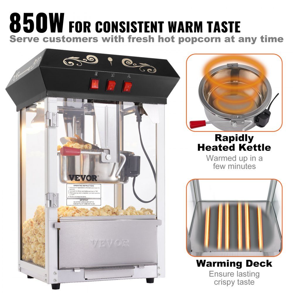 Popcorn Maker Popcorn Maker Popcorn Maker, 850W Popcorn Maker, 8oz Kettle for 48 Cups per Load, Tabletop Popcorn Maker with Tempered Glass, Includes 4 Scoops