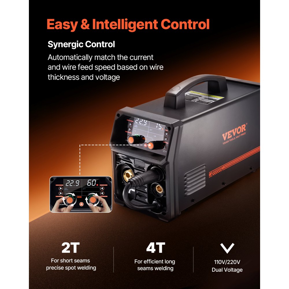 Pro MIG Welder, 250 Amp Pluse MIG Welder, 5-in-1 Synergy Welder Gasless MIG, Gas MIG, MMA, Lift TIG, MIG Pluse with IGBT inverter technology and LCD screen display