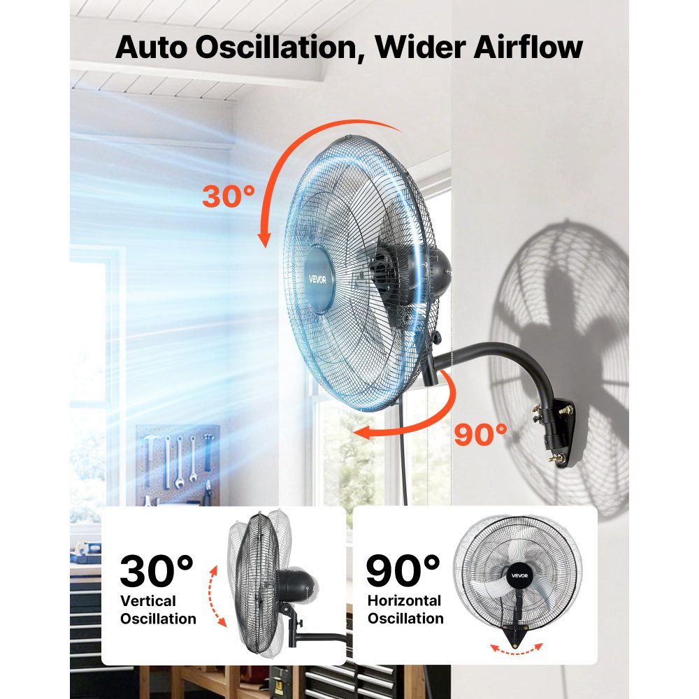 65W Industrial Wall Fan 57cm 6m/s Oscillating Wall Fan with 3 Levels and Adjustable Tilt Angle Commercial Industrial Fan for Workshop Garage Warehouse Gym Black