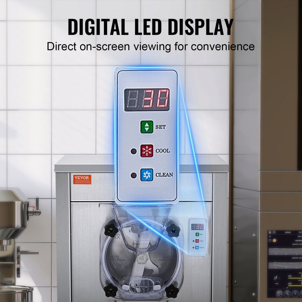 Komercyjna maszyna do lodów, wydajność 18 l/h, maszyna do lodów twardych o jednym smaku z kółkami, cylinder ze stali nierdzewnej 6 l, panel LED, automatyczne chłodzenie wstępne z czyszczeniem, do barów z przekąskami w restauracjach
