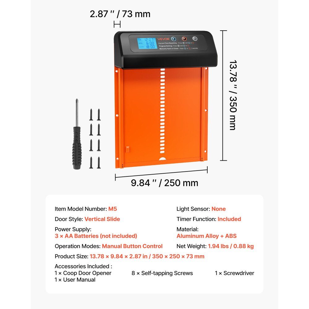 Automatic Chicken Flap Chicken Coop Door with Timer Manual Setting and Anti-Pinch Chicken Door Chicken Coop Gate Opener with Waterproof Seal Orange 350 x 250 x 73mm