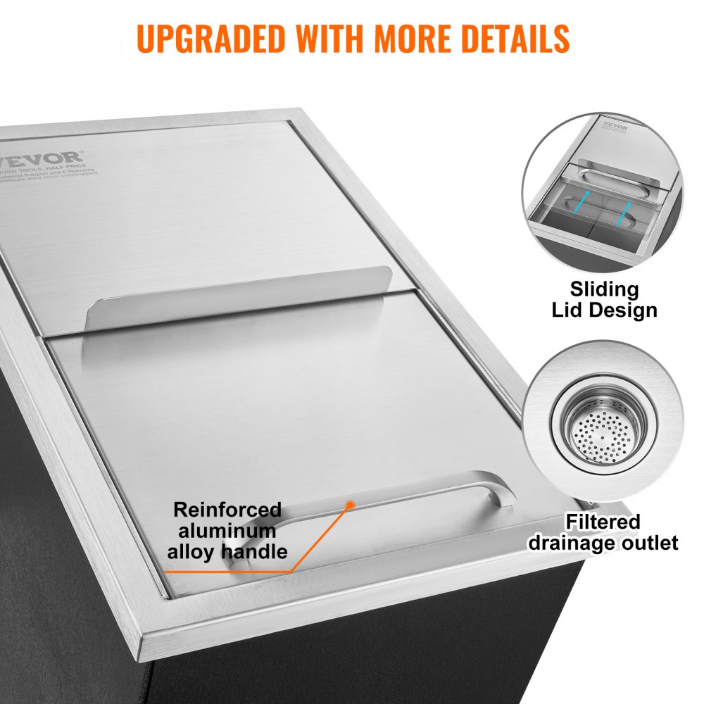 26.7L Drop-in Ice Box, 456 x 304 x 371mm Stainless Steel Ice Cooler, Commercial Ice Container with Sliding Lid, Integrated Ice Storage Box, Drain Pipe and Drain Plug Included 26.7L Drop-in Ice Box, 456 x 304 x 371mm Stainless Steel Ice Cooler, Commercial Ice Container with Sliding Lid, Integrated Ice Storage Box, Drain Pipe and Drain Plug Included