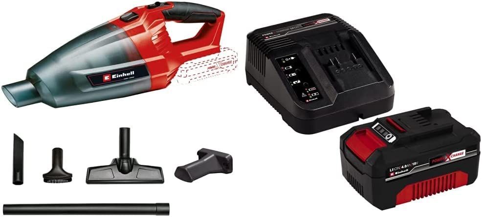 Einhell Akku-Handstaubsauger TE-VC 18 Li-Solo Power X-Change (Lithium-Ionen, 540 ml-Staubfangbehälter, inkl. 3 Düsen, Verlängerung, Wandhalterung, mit 4AH Akku und Ladegerät)