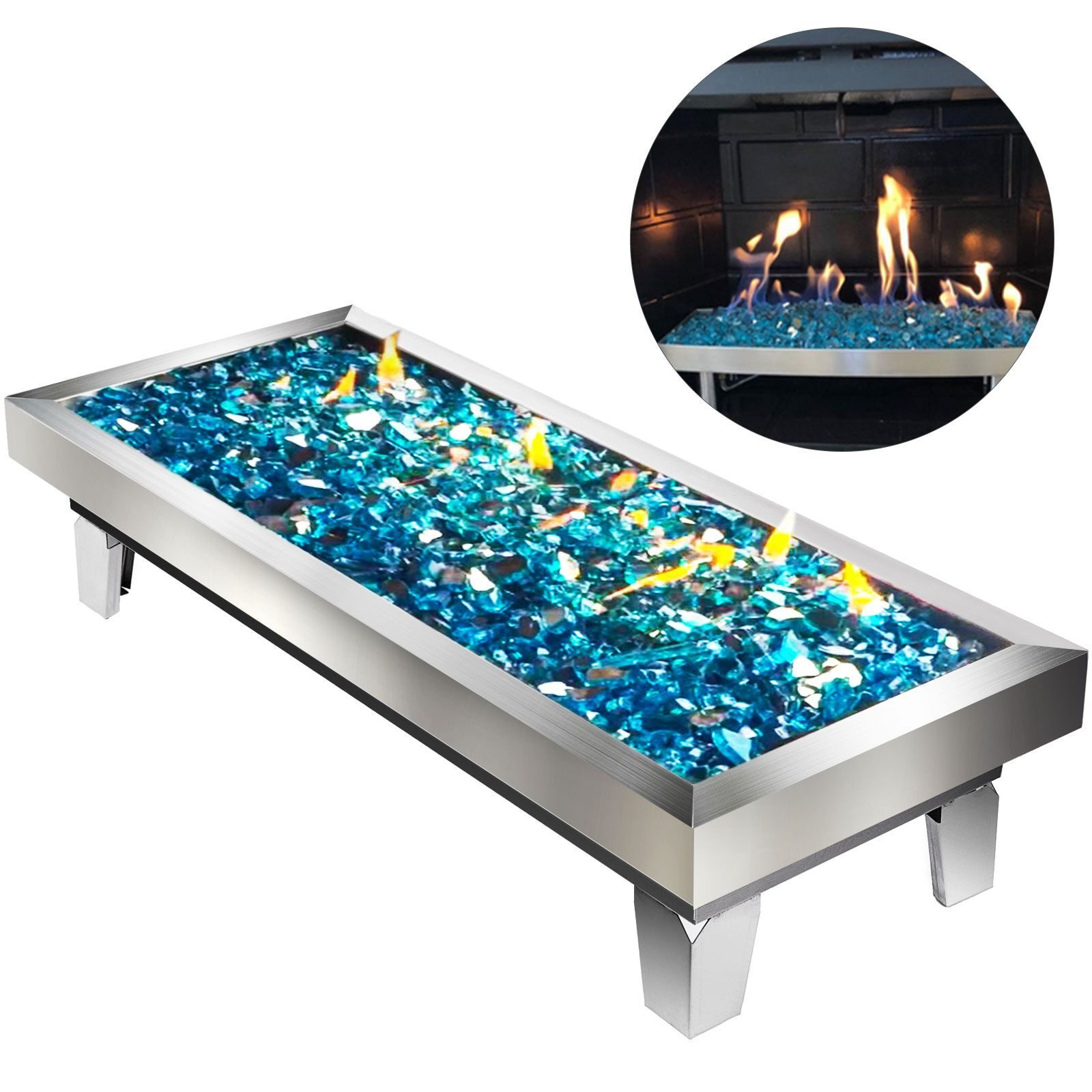 BBQ-Brennschale, 60 x 25 x 5 cm, Grill-Brennschale, Feuerschale, Feuerstelle aus Edelstahlkonstruktion, 9,07 kg Füllglas, multifunktionale Feuerstelle, Metall-Brennschale, feuerfestes Glas