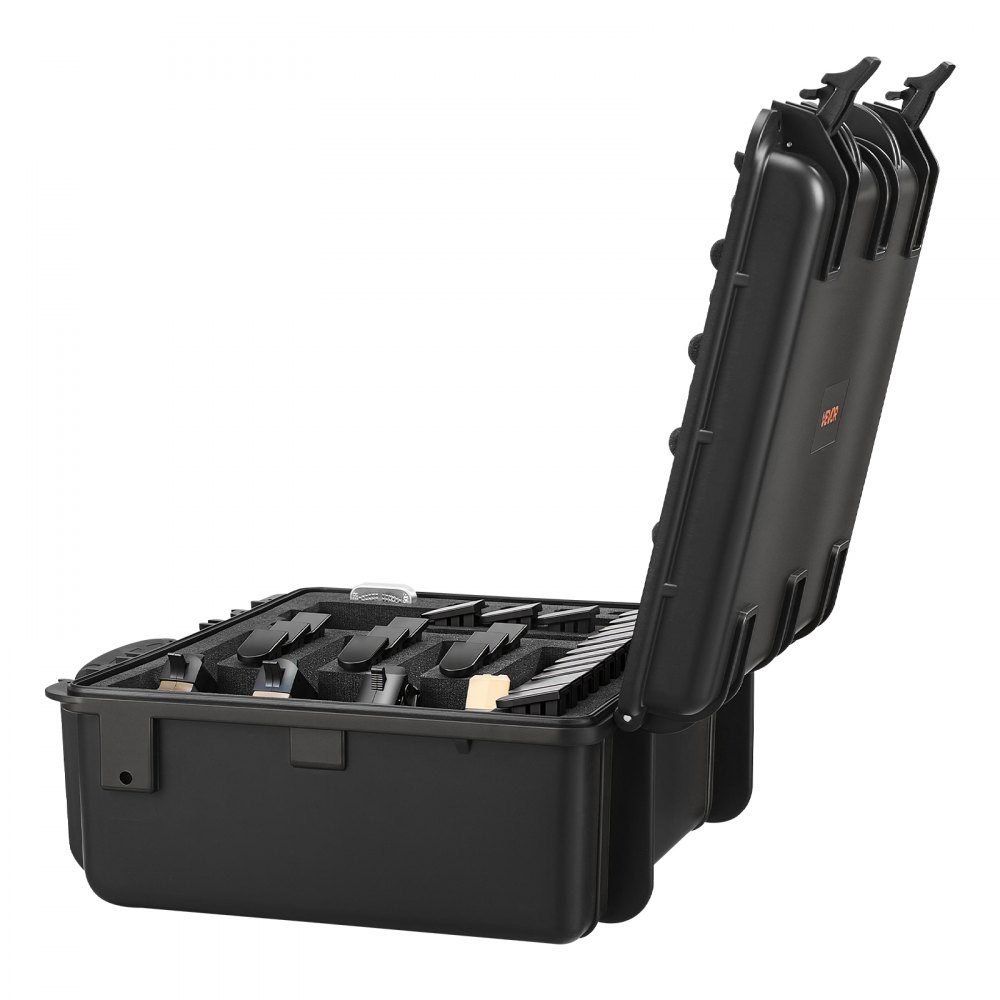 Hartschalenkoffer für 6 Pistolen, Pistolenkoffer mit XPE-Schaumstoffeinlage 475x415x215 mm, wasserdichter Kurzwaffenkoffer mit verstellbarem Innenraum und Tragegriff, für Pistolenobjektivkamera