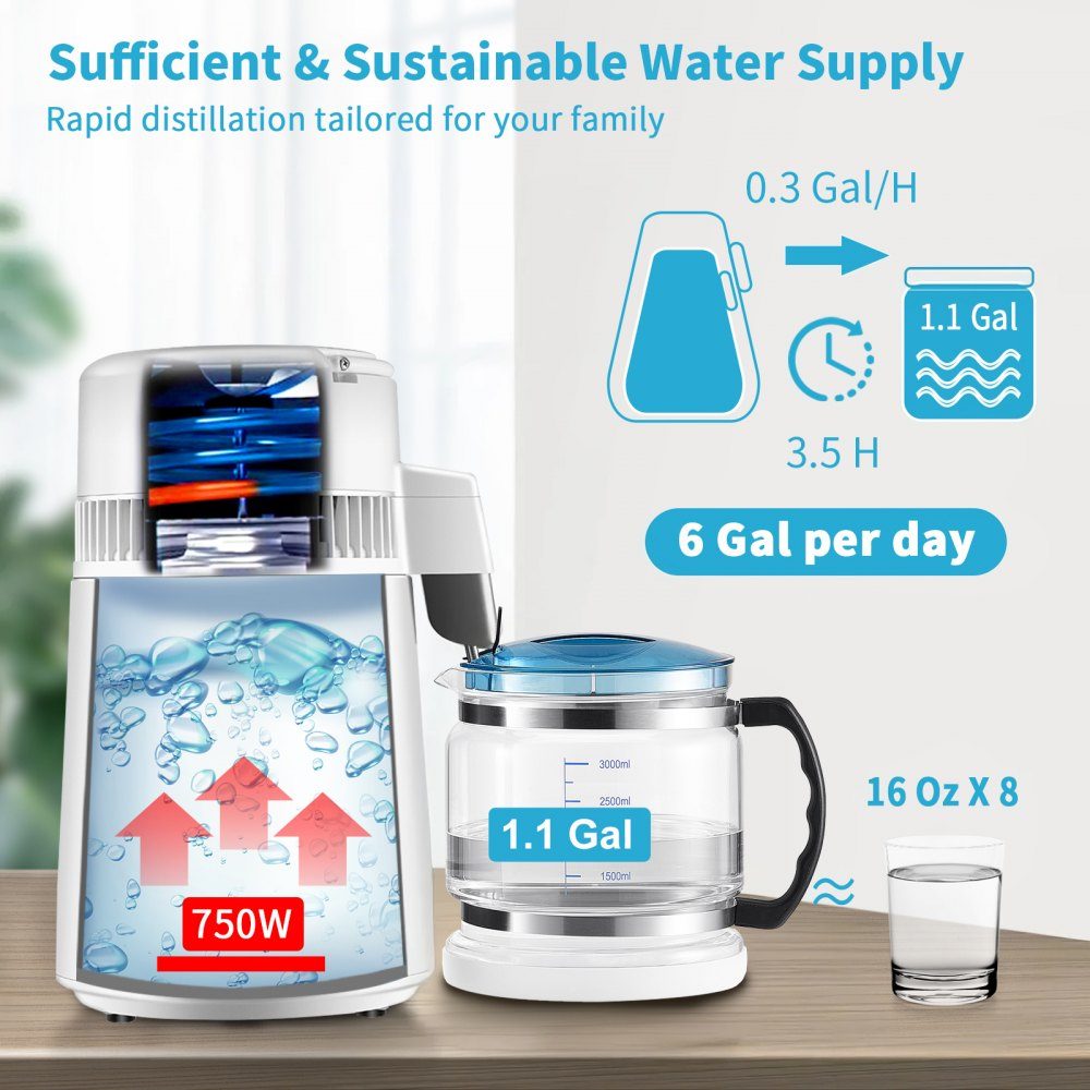 4L waterdestilleerder 750W distilleerder roestvrijstalen waterdestilleerder zuiver waterdestilleerder met glazen kan, waterdestilleerder 1L/uur waterdestilleerder met dubbel temperatuurdisplay